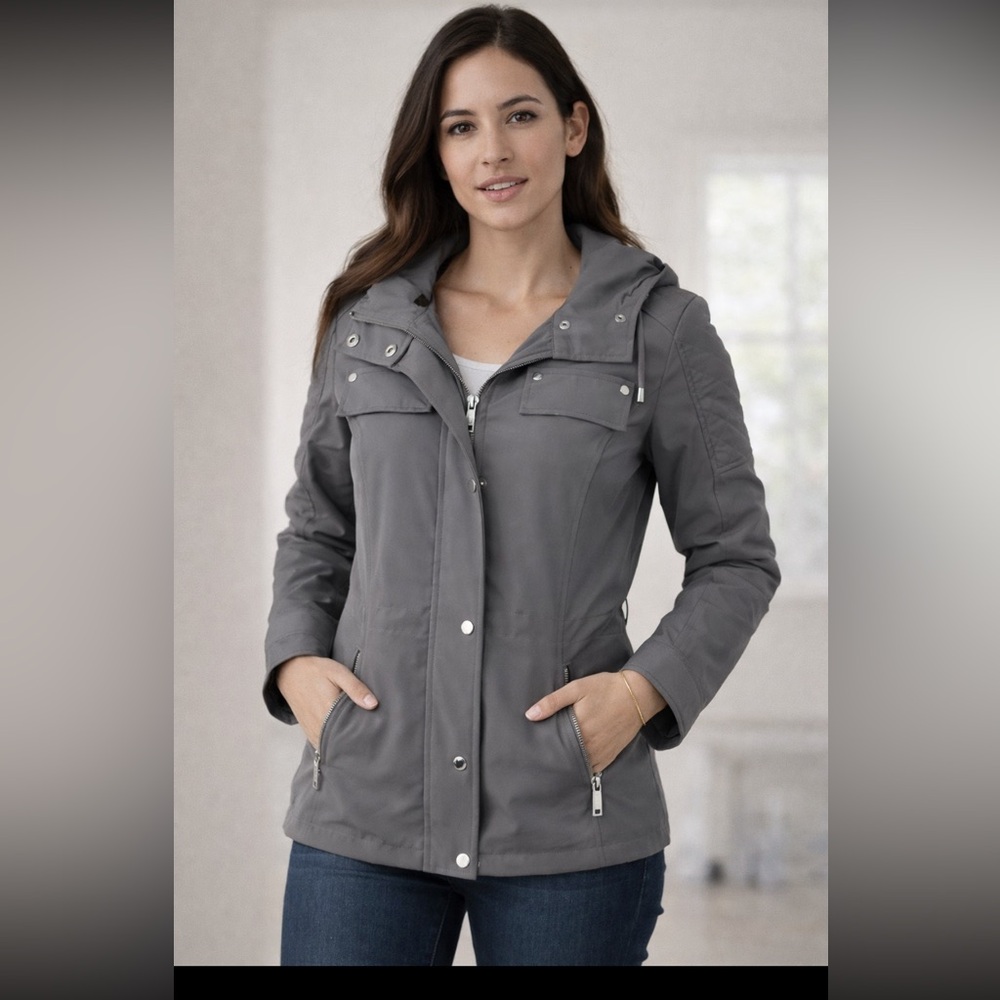 Michael Kors Designer Hooded Utility Jacket Gray XS Lightweight Zip Snap Coat